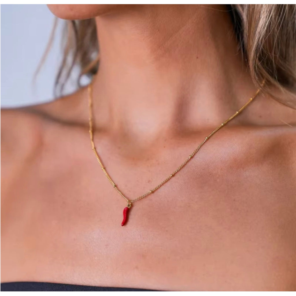 Italian Red Horn 18K Gold Plated Stainless Steel Cornicello Necklace