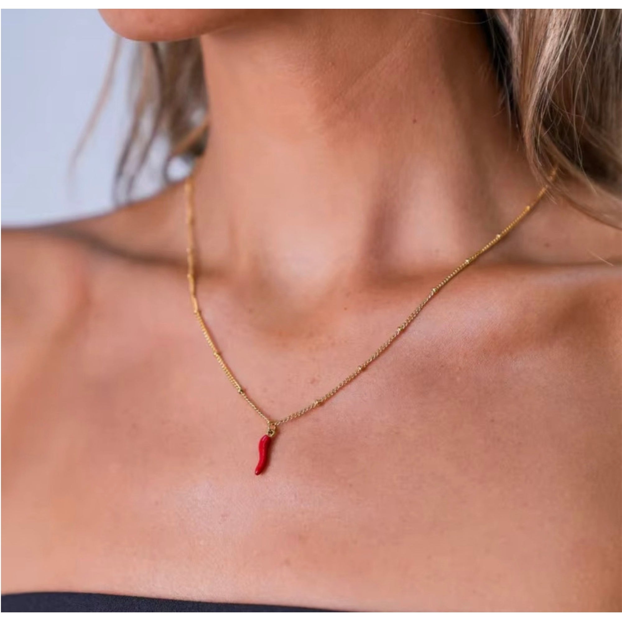 Italian Red Horn 18K Gold Plated Stainless Steel Cornicello Necklace