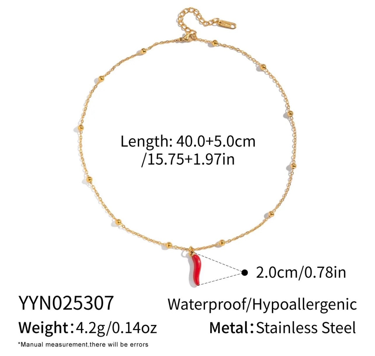 Italian Red Horn 18K Gold Plated Stainless Steel Cornicello Necklace