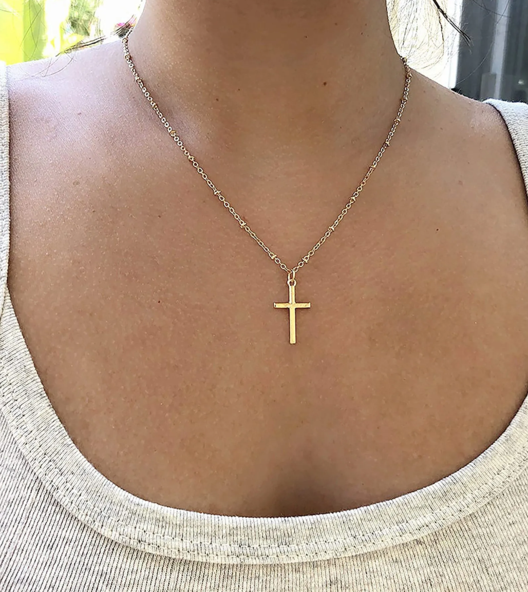 Minimalist Stainless Steel Cross Pendant Necklace Women Satellite Beaded Chain