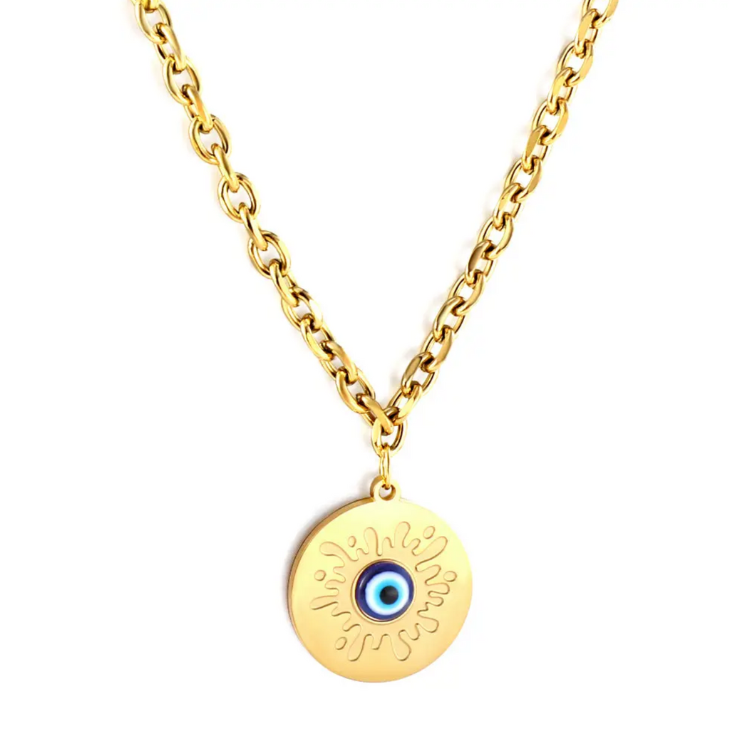 Blue Evil Eye Pendant Necklace, Gold Plated Stainless Steel