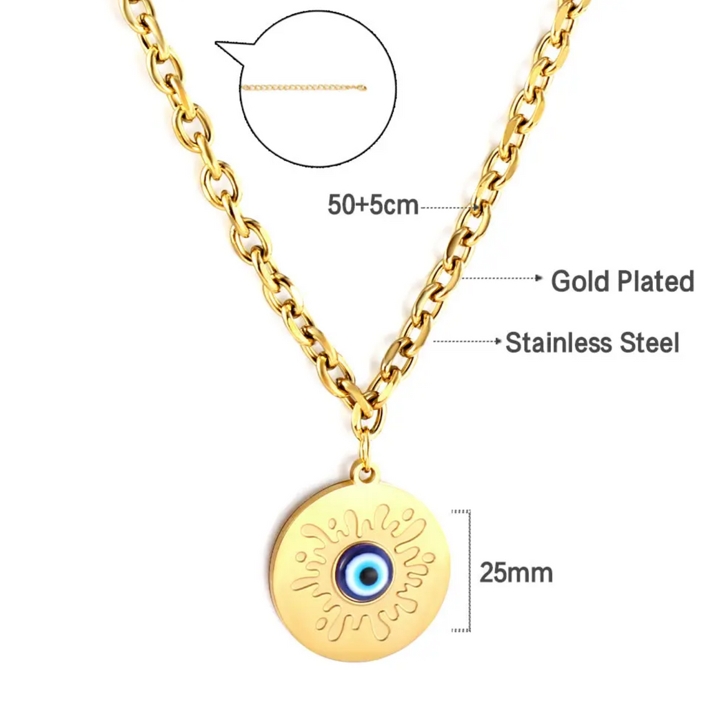 Blue Evil Eye Pendant Necklace, Gold Plated Stainless Steel