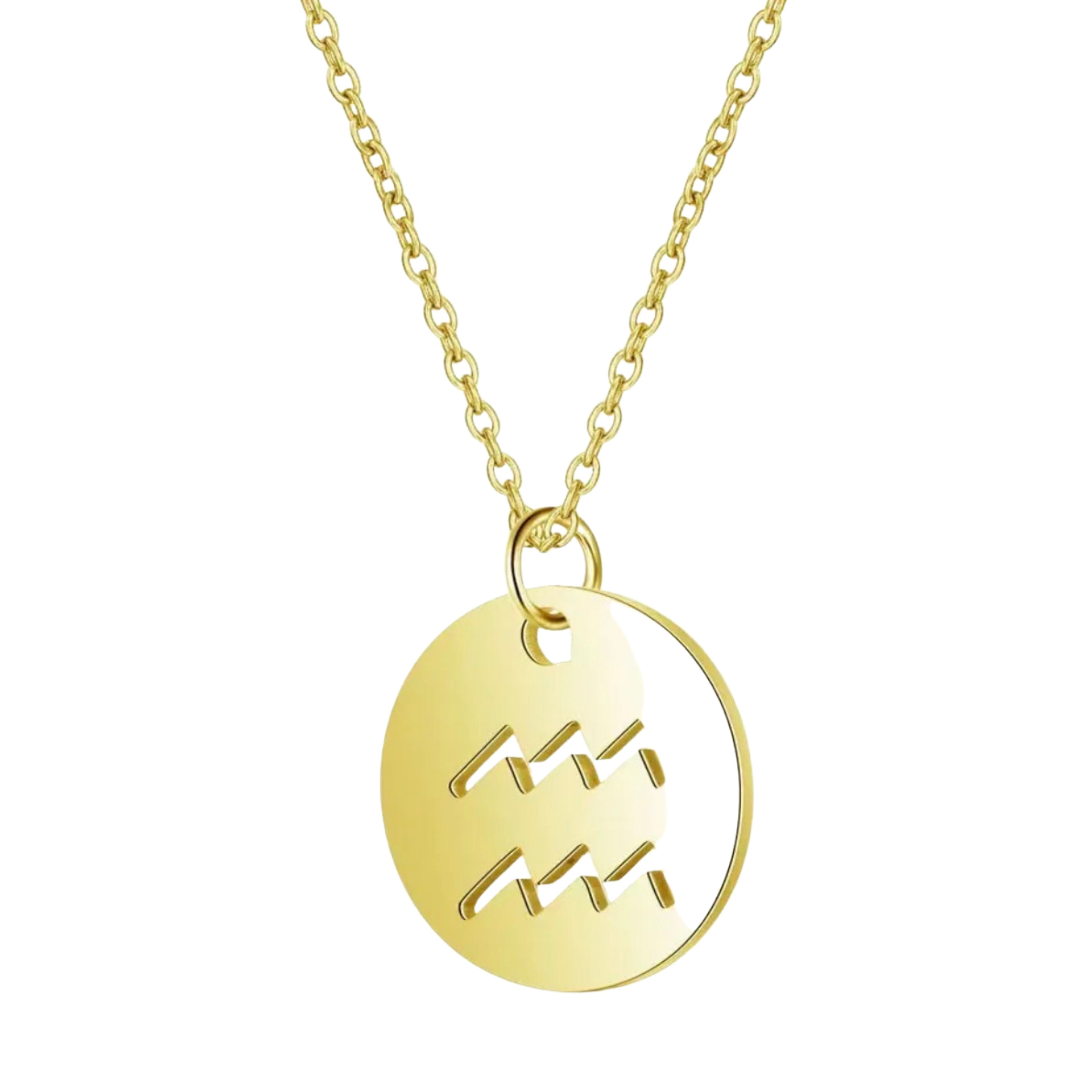 18K Gold Zodiac Necklace — Waterproof Tarnish-Free Stainless Steel, Hollow Round Pendant, Cable Chain, Gift for Her