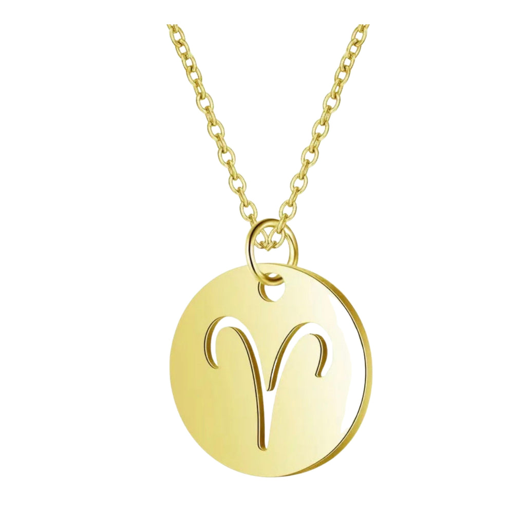 18K Gold Zodiac Necklace — Waterproof Tarnish-Free Stainless Steel, Hollow Round Pendant, Cable Chain, Gift for Her