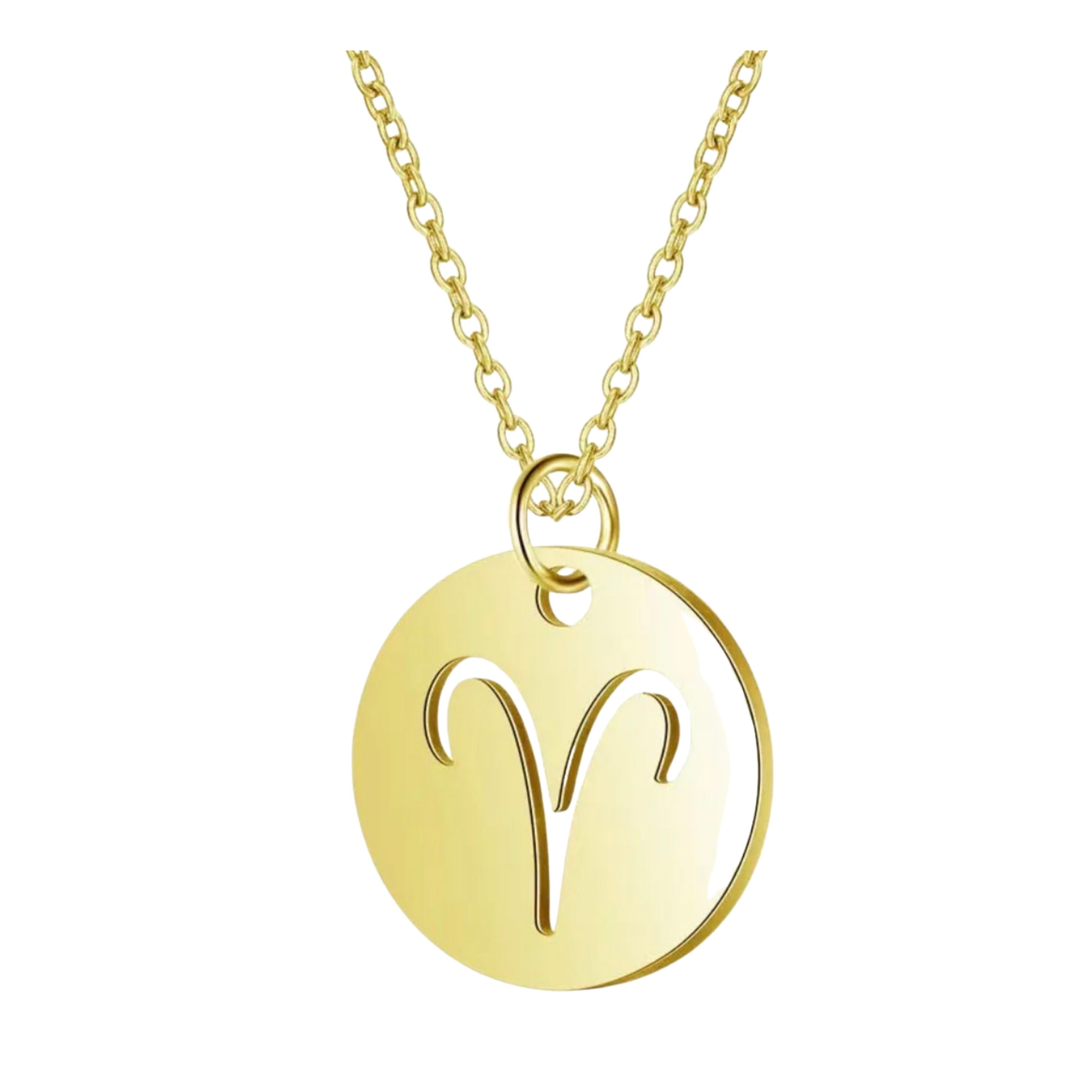 18K Gold Zodiac Necklace — Waterproof Tarnish-Free Stainless Steel, Hollow Round Pendant, Cable Chain, Gift for Her