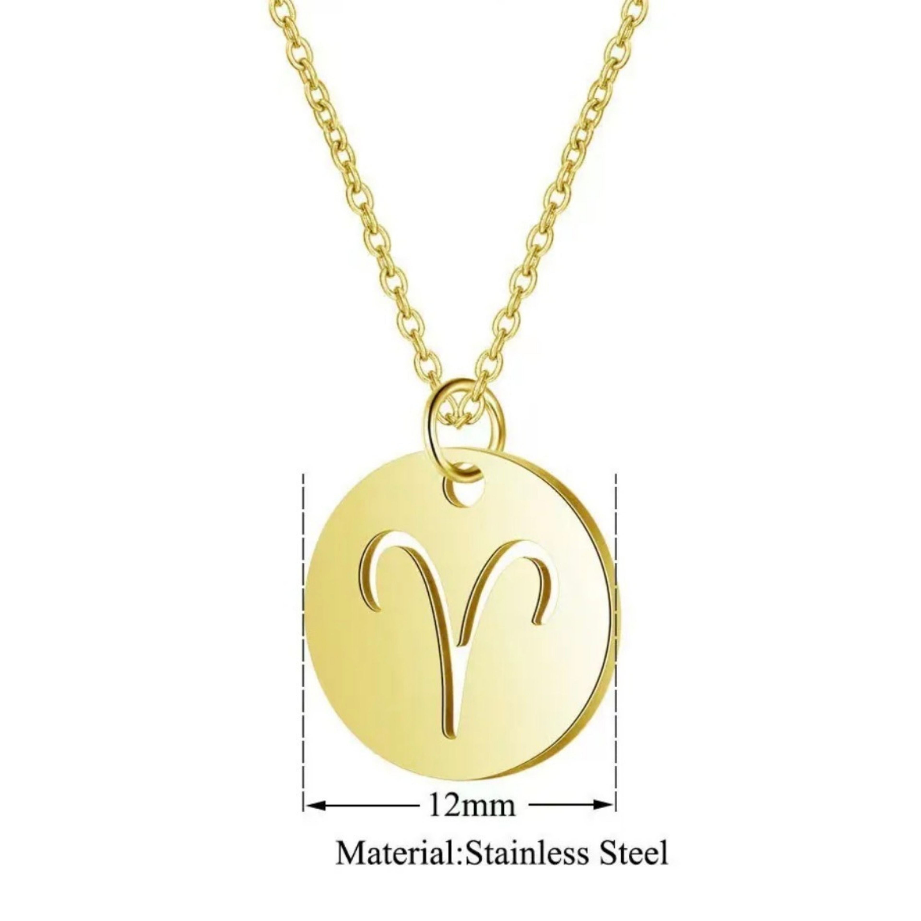 18K Gold Zodiac Necklace — Waterproof Tarnish-Free Stainless Steel, Hollow Round Pendant, Cable Chain, Gift for Her