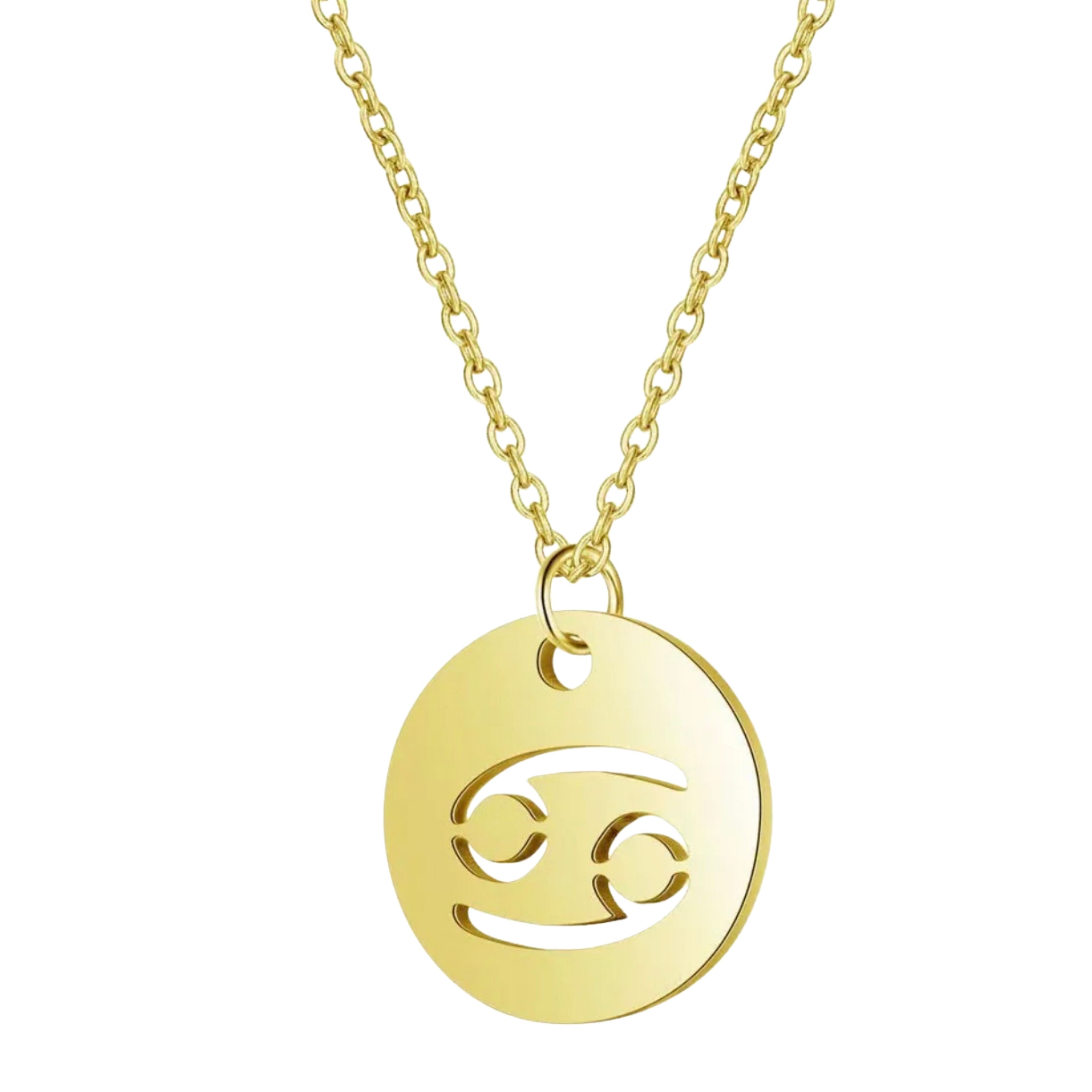 18K Gold Zodiac Necklace — Waterproof Tarnish-Free Stainless Steel, Hollow Round Pendant, Cable Chain, Gift for Her