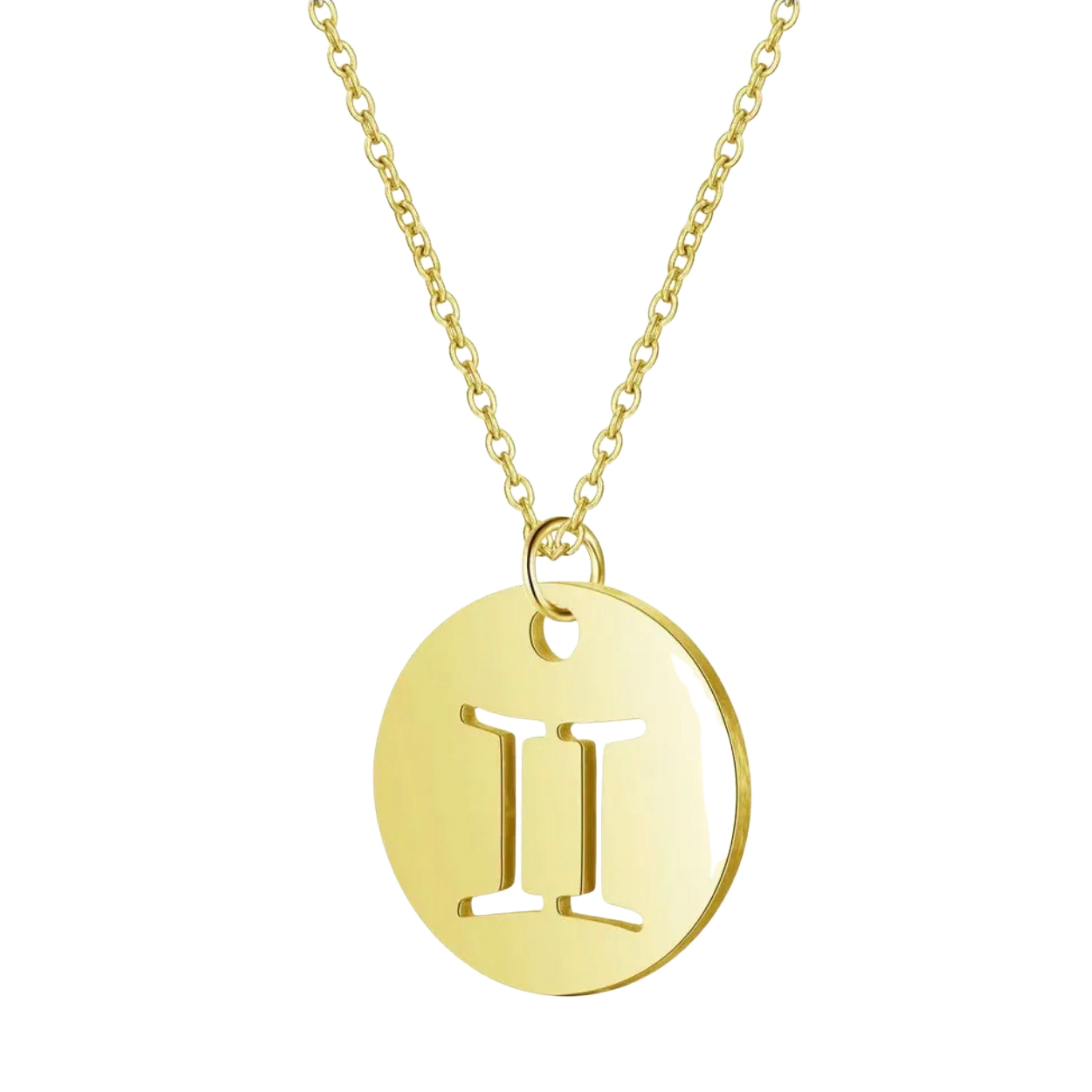 18K Gold Zodiac Necklace — Waterproof Tarnish-Free Stainless Steel, Hollow Round Pendant, Cable Chain, Gift for Her