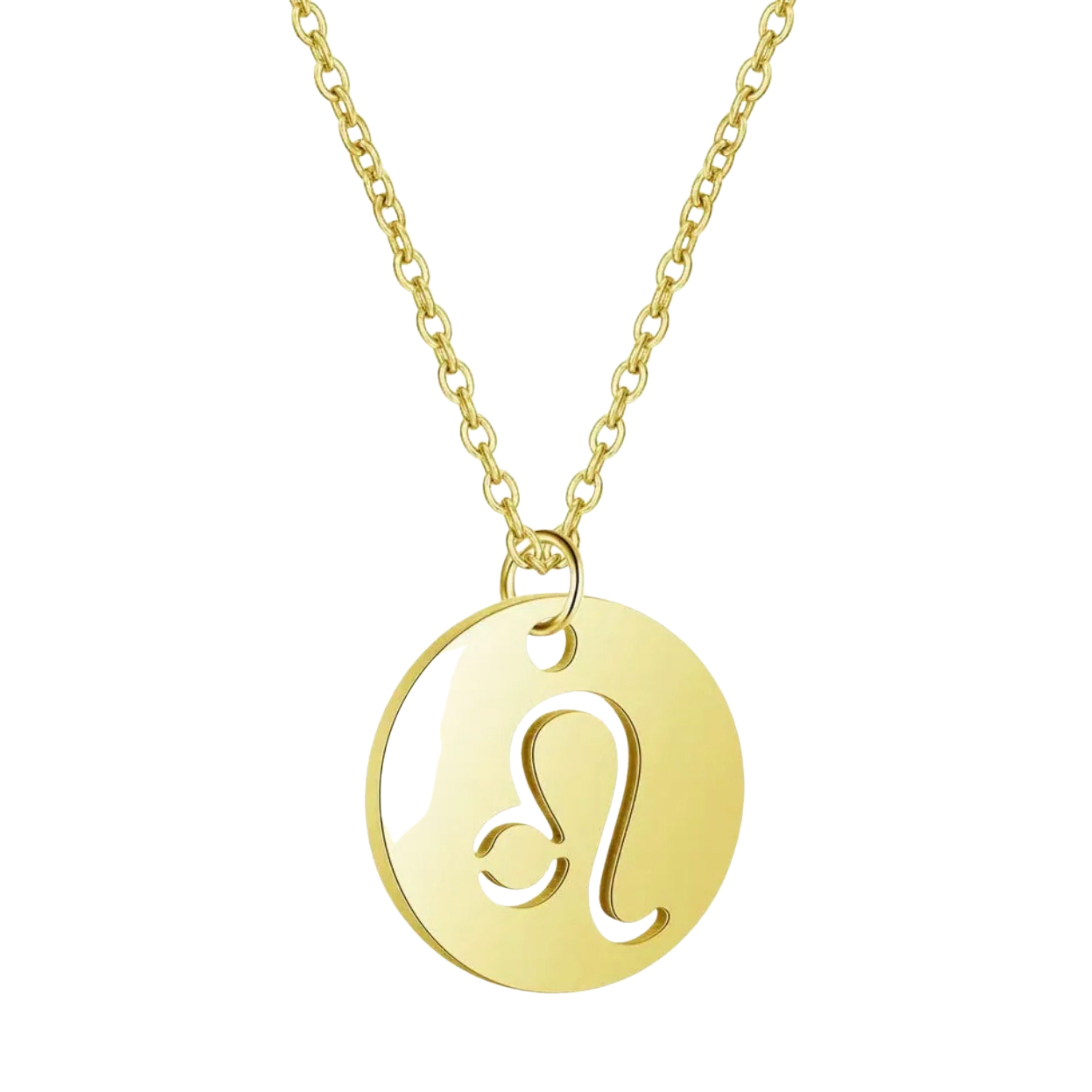 18K Gold Zodiac Necklace — Waterproof Tarnish-Free Stainless Steel, Hollow Round Pendant, Cable Chain, Gift for Her