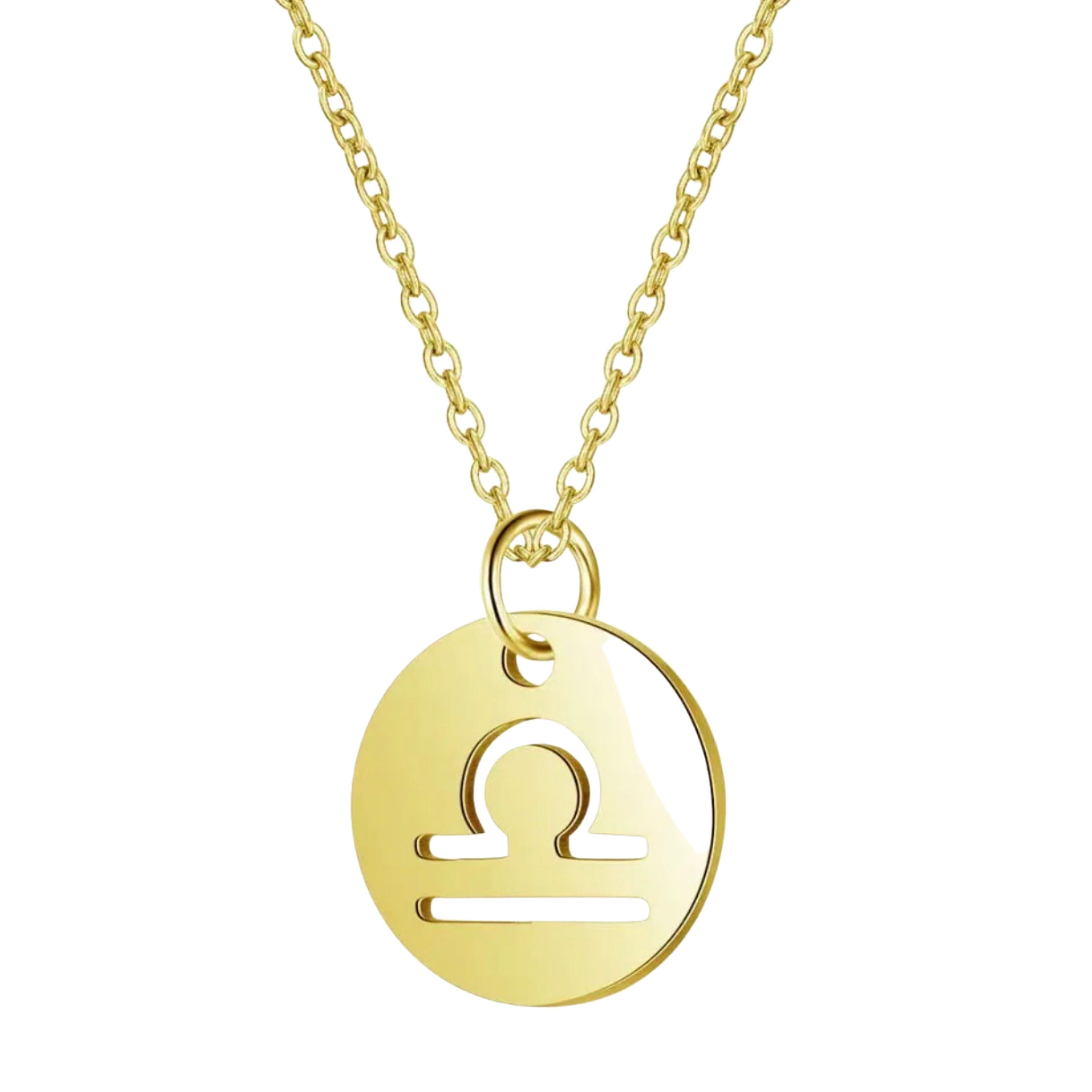 18K Gold Zodiac Necklace — Waterproof Tarnish-Free Stainless Steel, Hollow Round Pendant, Cable Chain, Gift for Her