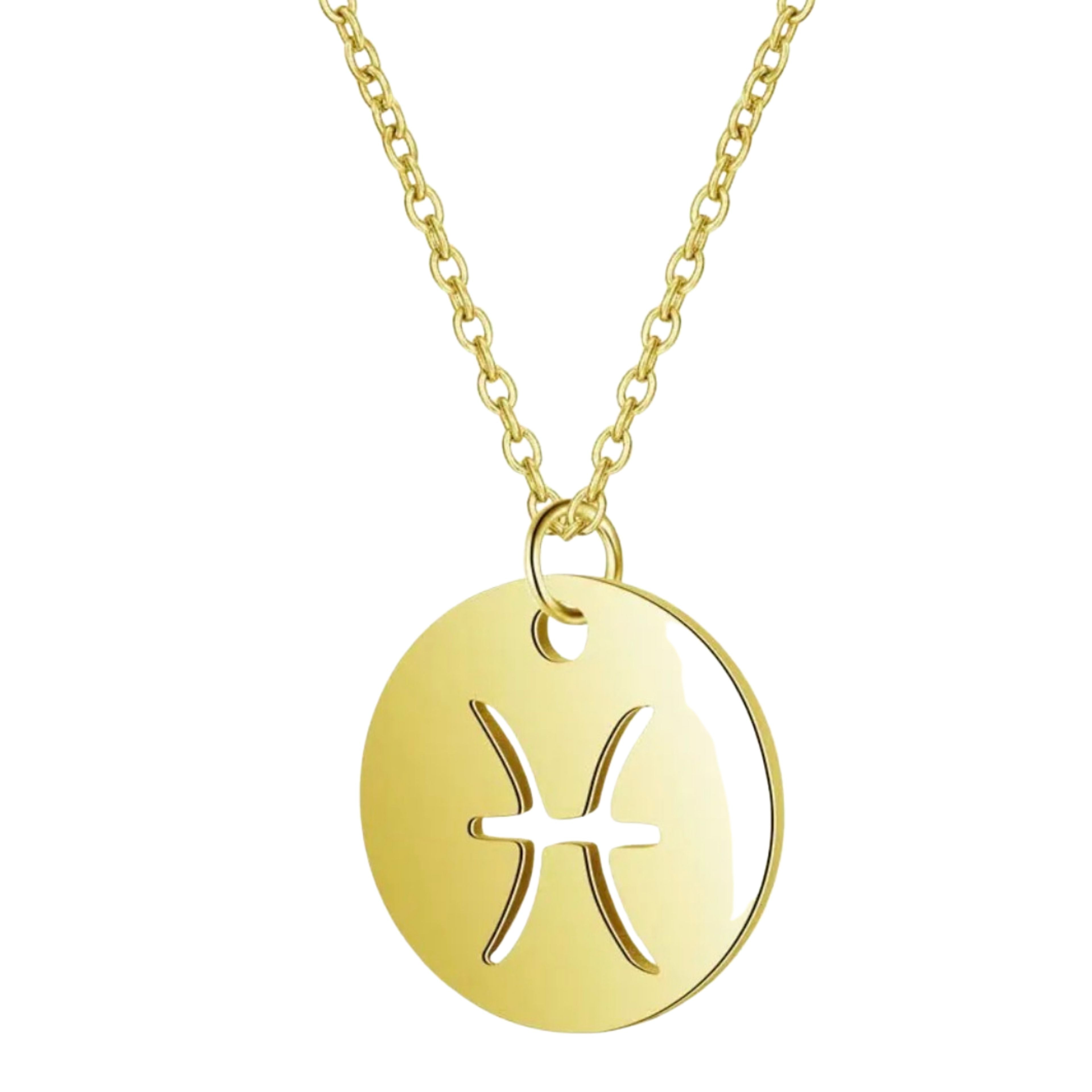 18K Gold Zodiac Necklace — Waterproof Tarnish-Free Stainless Steel, Hollow Round Pendant, Cable Chain, Gift for Her