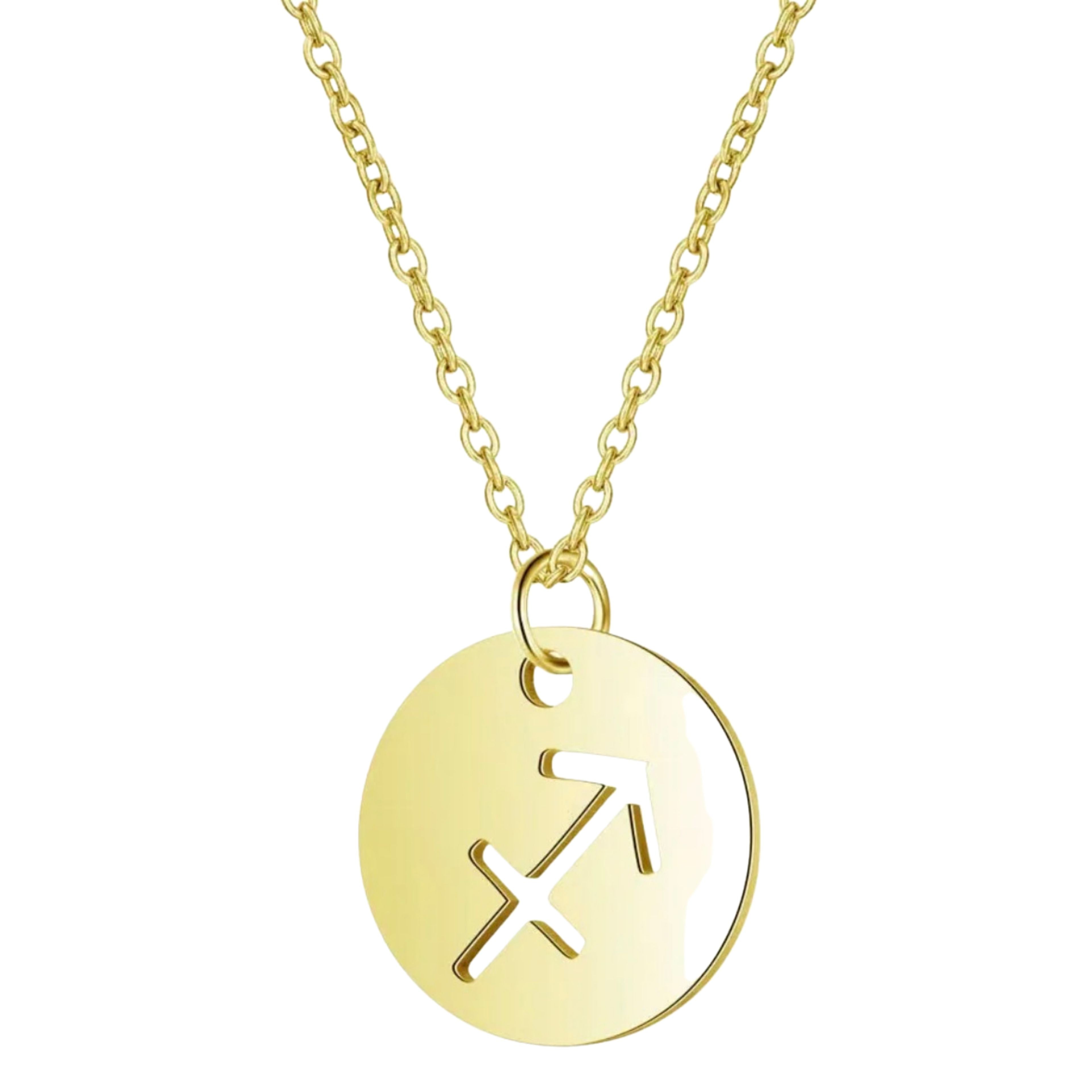 18K Gold Zodiac Necklace — Waterproof Tarnish-Free Stainless Steel, Hollow Round Pendant, Cable Chain, Gift for Her
