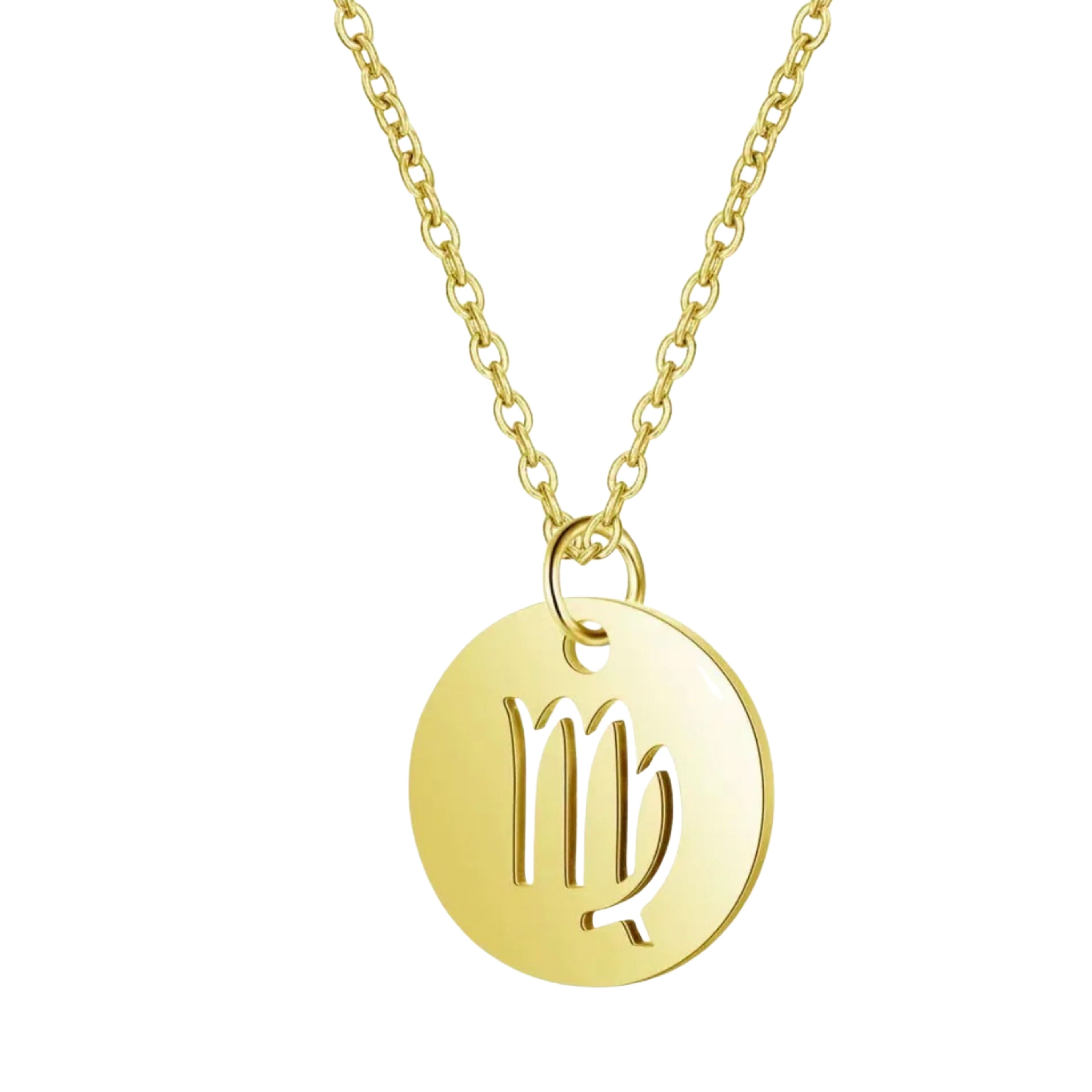 18K Gold Zodiac Necklace — Waterproof Tarnish-Free Stainless Steel, Hollow Round Pendant, Cable Chain, Gift for Her