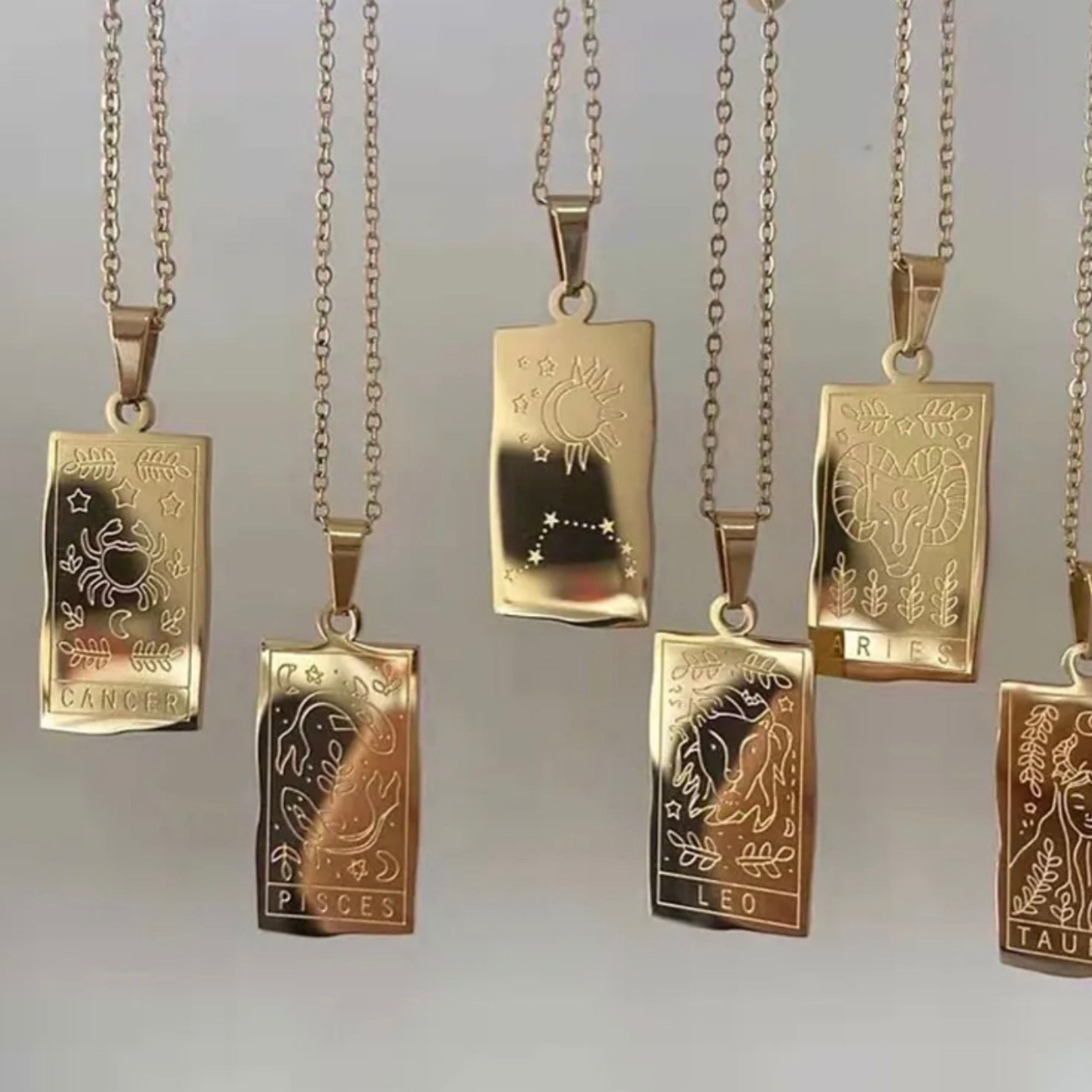 Vintage Tarot Zodiac Pendant Necklace • Waterproof 18K Gold Plated Stainless Steel • Celestial Constellation Card Necklace • Gift for Her