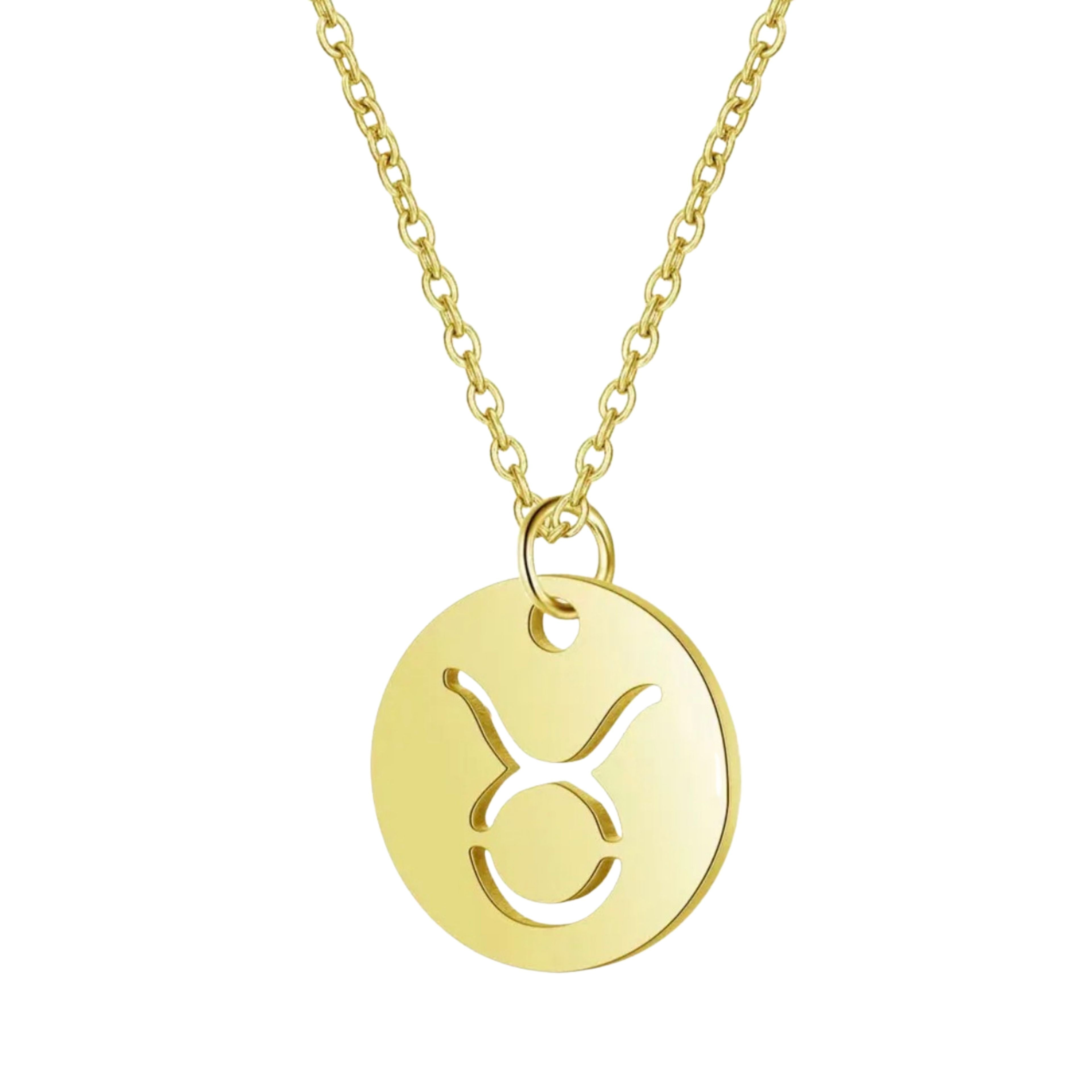 18K Gold Zodiac Necklace — Waterproof Tarnish-Free Stainless Steel, Hollow Round Pendant, Cable Chain, Gift for Her