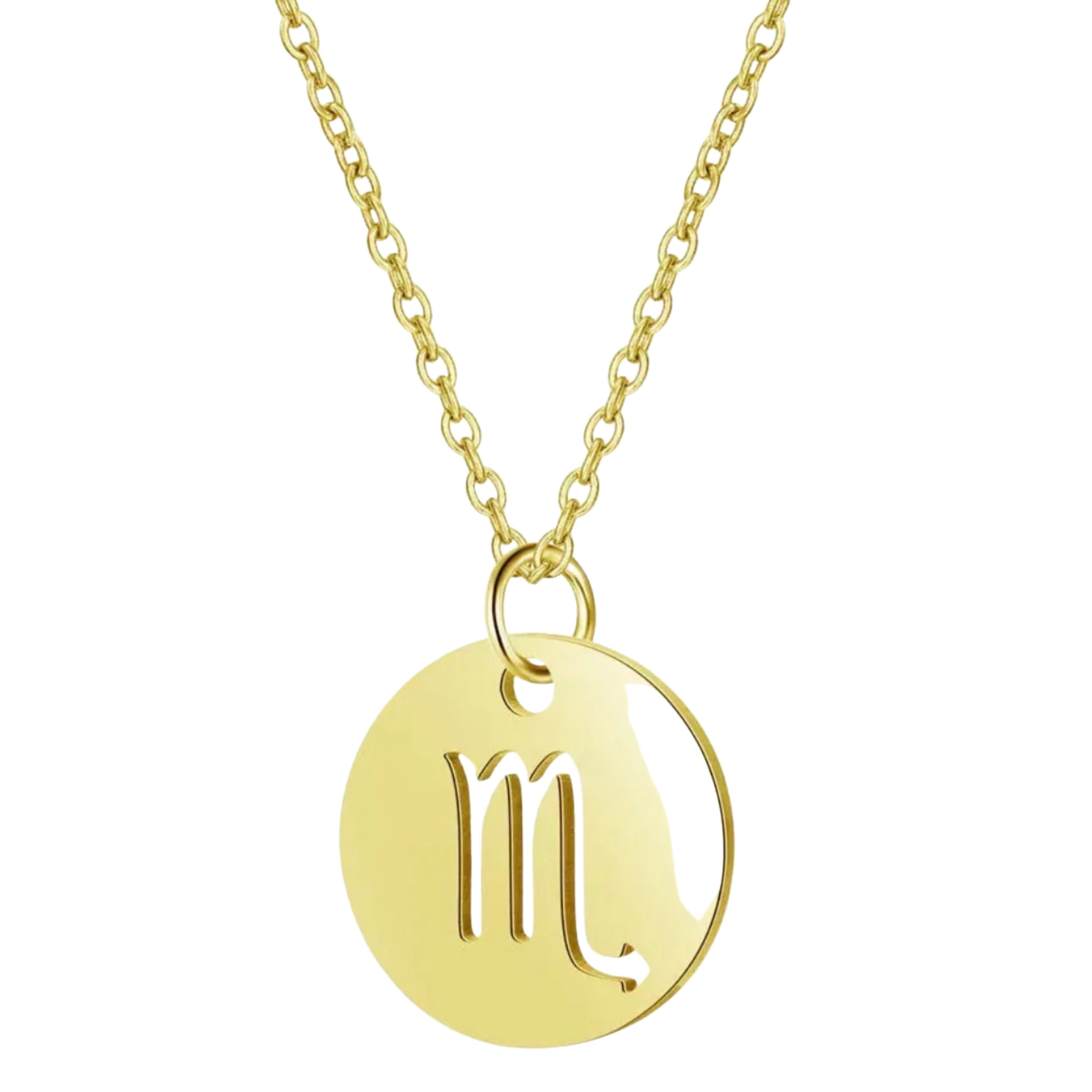 18K Gold Zodiac Necklace — Waterproof Tarnish-Free Stainless Steel, Hollow Round Pendant, Cable Chain, Gift for Her