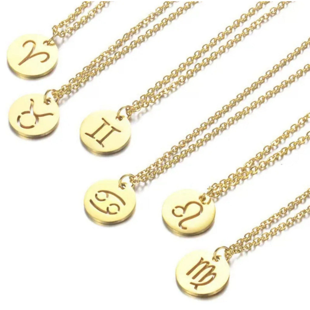 18K Gold Zodiac Necklace — Waterproof Tarnish-Free Stainless Steel, Hollow Round Pendant, Cable Chain, Gift for Her