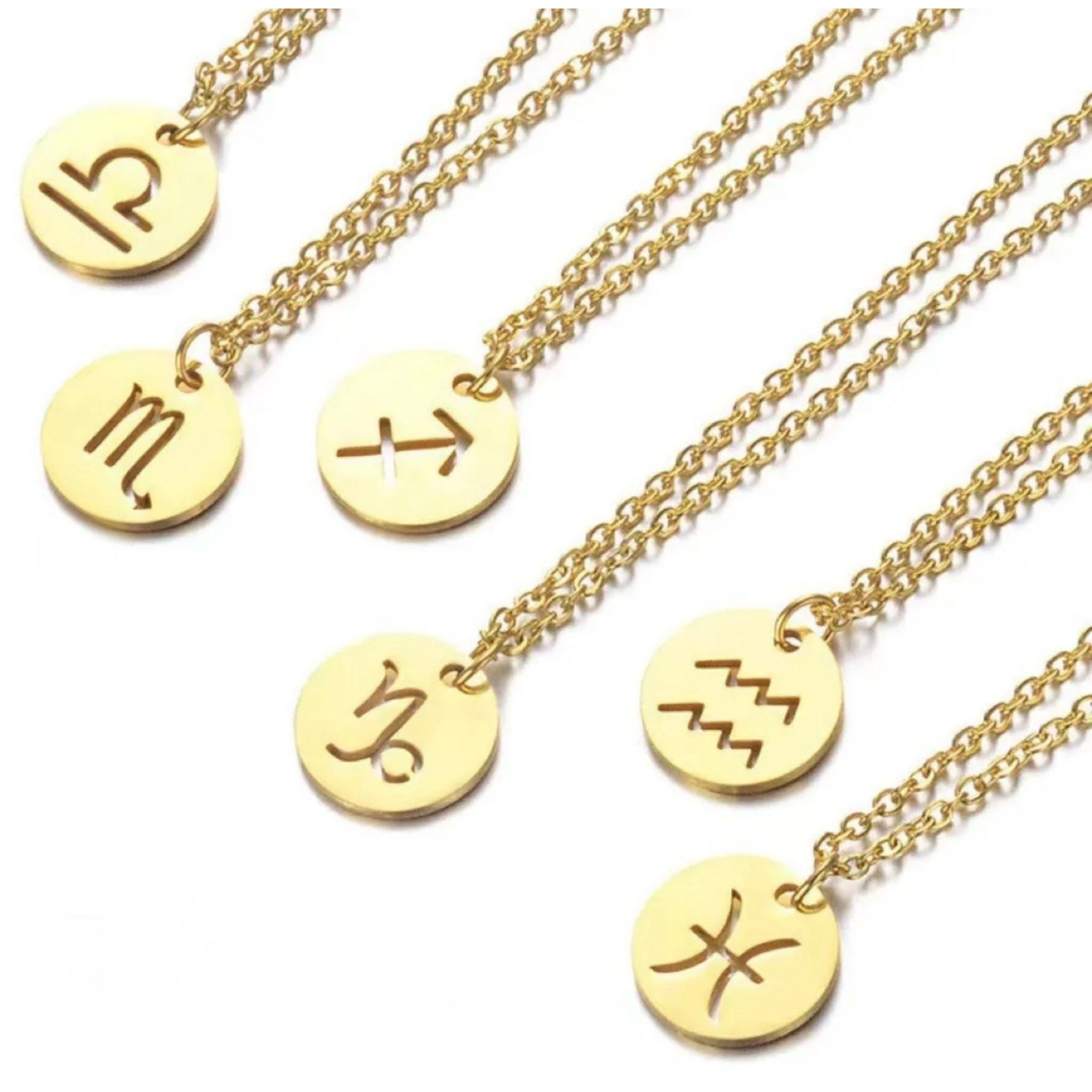 18K Gold Zodiac Necklace — Waterproof Tarnish-Free Stainless Steel, Hollow Round Pendant, Cable Chain, Gift for Her