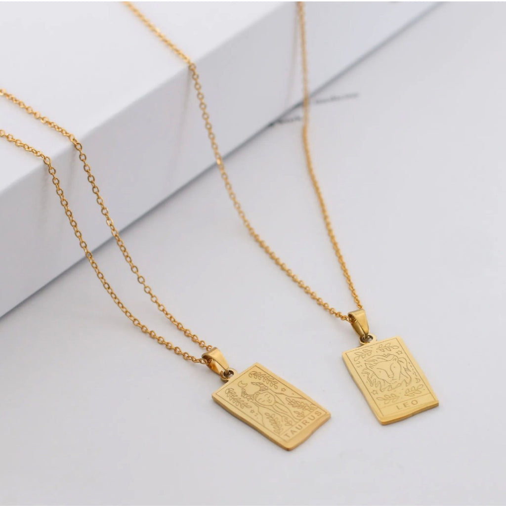 Vintage Tarot Zodiac Pendant Necklace • Waterproof 18K Gold Plated Stainless Steel • Celestial Constellation Card Necklace • Gift for Her